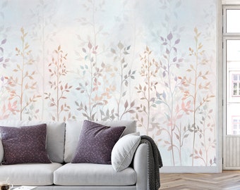 Watercolor Floral Wallpaper, Field Grass Wallpaper, Hand Drawn Plants Wallpaper, Delicate Colors Floral Peel and Stick Wallpaper Mural