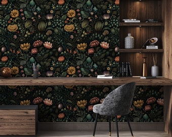 Dark Vintage Botanical Wallpaper, Dark Floral Wallpaper, Vintage Flowers Wallpaper, Traditional Removable Wallpaper, Peel Stick Wallpaper