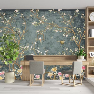 Chinoiserie Wallpaper Mural, Vintage Wallpaper, Birds and Blossom Branches Floral Wallpaper Peel and Stick Self Adhesive Wallpaper