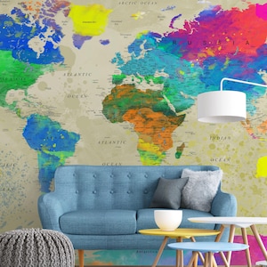 Bold Splash-muurschildering wereldkaart | Peel-and-Stick of traditioneel behang met hoog contrast | Studio- of creatieve ruimtedecor