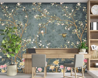 Chinoiserie Wallpaper Mural, Vintage Wallpaper, Birds and Blossom Branches Floral Wallpaper Peel and Stick Self Adhesive Wallpaper