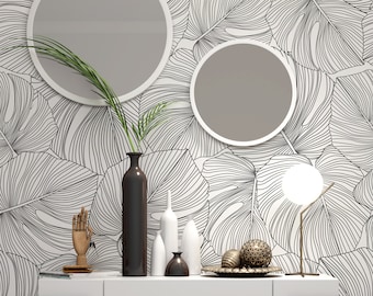 Monochrome Monstera Leaves Wallpaper, Minimal Modern Wallpaper Mural Removable, Bedroom Entryway Bathroom Wallpaper, Peel and Stick Mural