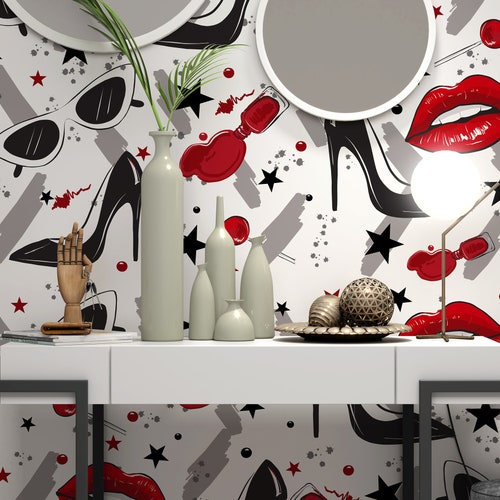 Red Lips Black Heels Wallpaper Bathroom Decor Wallpaper Cafe - Etsy