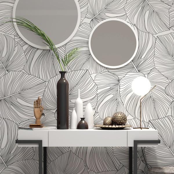 Monochrome Monstera Leaves Wallpaper, Minimal Modern Wallpaper Mural Removable, Bedroom Entryway Bathroom Wallpaper, Peel and Stick Mural