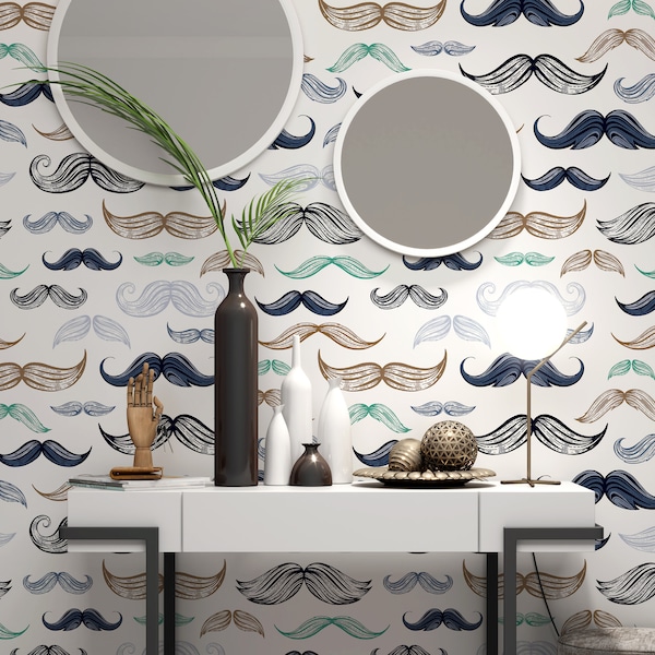 Mustaches Pattern Wallpaper, Bathroom Decor Wallpaper, Cafe Wallpaper, Removable Wall Mural, Peel and Stick Self Adhesive Wallpaper