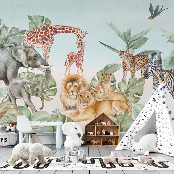 Safari Wallpaper, Animals Wallpaper, Jungle Wallpaper, Tropical Forest Wallpaper, Kids Wall Mural, Removable Wallpaper, Peel and Stick