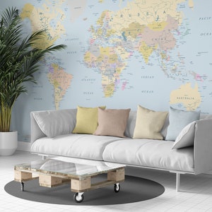 Customized Large World Map Wall Decal World  Map Wallpaper World Map Mural, Peel And Stick Wallpaper, Self Adhesive Wallpaper,Kids Wallpaper