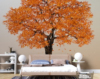 Watercolor Hand Painted Autumn Tree Wallpaper, Self Adhesive Wallpaper, Orange Fall Trees Wall Decor