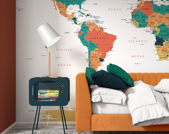 Customized Large World Map Wall Decal World  Map Wallpaper World Map Mural, Peel And Stick Wallpaper, Self Adhesive Wallpaper,Kids Wallpaper