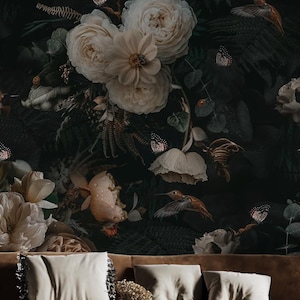 Dunkle Blumentapete, schwarzes stimmungsvolles Wandbild, Schälen und Aufkleben, Traditionelles Abnehmbares, Kolibri-Creme-elegantes Naturdekor