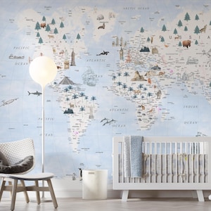 World Map Wallpaper for Kids Room | Educational Peel and Stick or Traditional Mural | Playroom and Nursery Decor