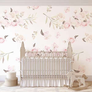 Watercolor Floral Wallpaper, Home Decor Wallpaper, Flowers Mural, Pink Wall Mural, Peel And Stick Wallpaper