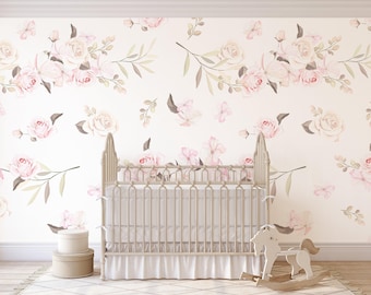 Watercolor Floral Wallpaper, Pink Flowers Wall Mural, Peel and Stick
