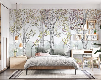 Fall Trees Wallpaper, Watercolor Forest Wallpaper Mural, Peel and Stick Wallpaper, Kids Room Wallpaper, Traditional Wallpaper Removable
