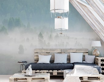 Foggy Mountains Wallpaper, Blue Forest, Peel and Stick Mural