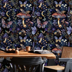 Mystical Forest Wallpaper – Mushroom Butterfly Dark Mural (peel and ...