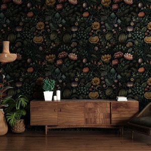 Donker vintage botanisch behang, donker bloemenbehang, vintage bloemenbehang, traditioneel verwisselbaar behang, Peel Stick Wallpaper afbeelding 2