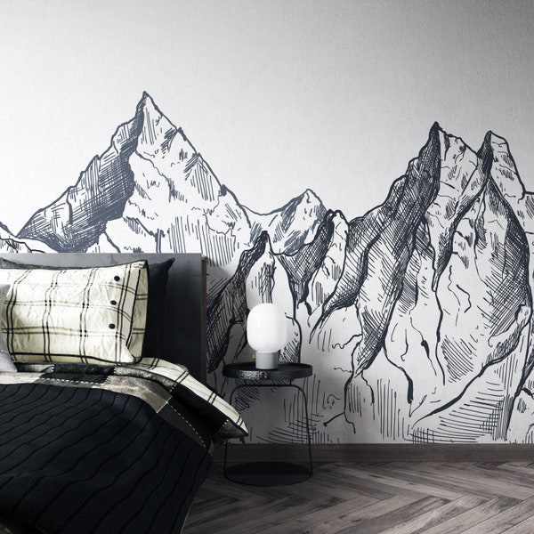 Black and White Mountain Wallpaper, Charcoal Drawing Wallpaper, Peel and Stick Wall Mural, Removable Wallpaper, Self Adhesive Wall Mural