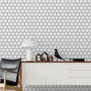 Murale en Papier Peint Géométrique Hexagonal | Impression de tessellation en nid d'abeille noir blanc | Papier peint autocollant ou décoration moderne amovible traditionnelle
