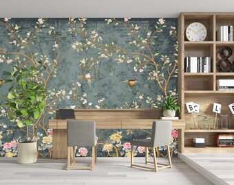 Chinoiserie Floral Wallpaper Mural, Birds and Blossoms, Peel and Stick