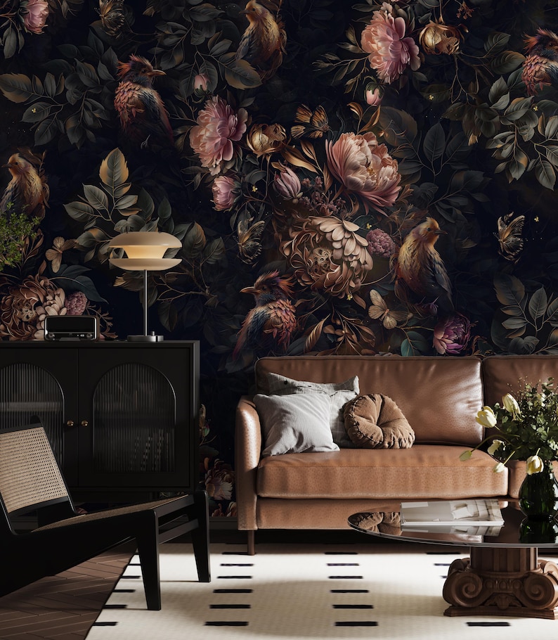 Dark Floral Wallpaper | Moody Bird & Peony Wall Mural (peel and Stick ...