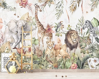 Safari Wallpaper, Animals Wallpaper, Jungle Wallpaper, Tropical Forest Wallpaper, Removable Wallpaper, Kids Wall Mural, Peel and Stick