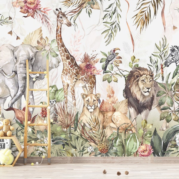 Safari Wallpaper, Animals Wallpaper, Jungle Wallpaper, Tropical Forest Wallpaper, Removable Wallpaper, Kids Wall Mural, Peel and Stick