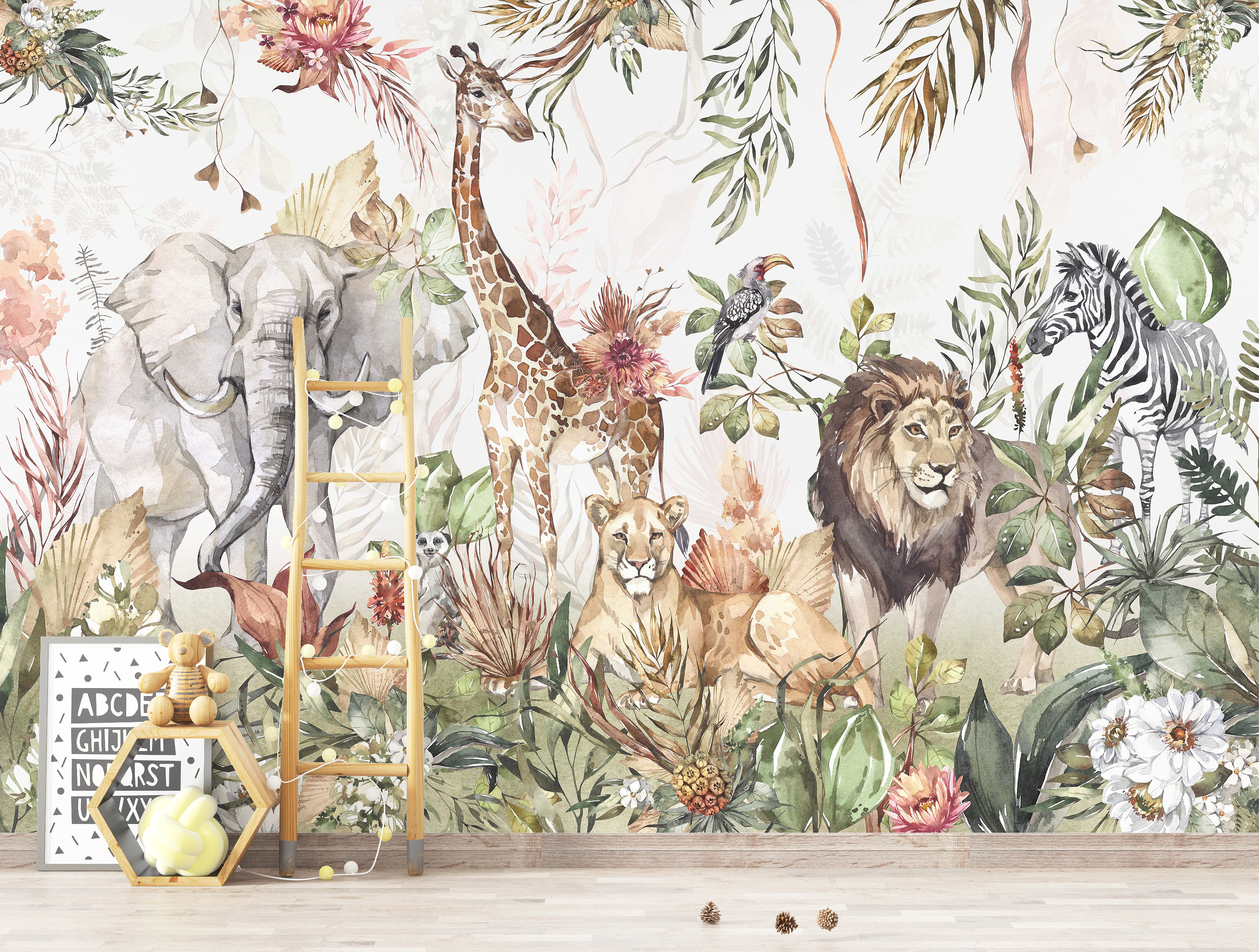 Watercolor Jungle Safari Animals Tree Peel and Stick Wallpaper Self  Adhesive Nursery Décor Fabric Tropical Decal - Custom Sizes Mural #3225