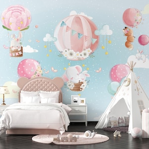 Cute Baby Animals Wallpaper, Flying Balloons with Animals Wallpaper, Nursery Wallpaper for Kid Room, Self Adhesive, Removable Traditional