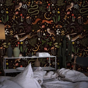 Tapete, dunkle Pilz-Tapete, dunkle Vintage-Tapete, botanische Tapete, dunkle Tapete mit Feen-Dschungel, Vintage-Tapete mit Blumen, traditionelle Tapete