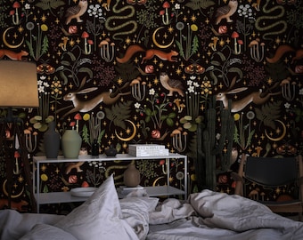 May include: Wallpaper featuring a dark background with a repeating pattern of brown rabbits, squirrels, owls, snakes, snails, moths, various mushrooms, ferns, wildflowers, and golden crescent moons and stars, creating a dense forest-themed design.