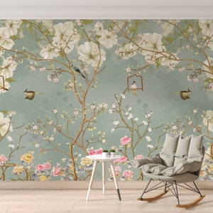 Watercolor Chinoiserie Wallpaper, Birds Trees Watercolor Floral Wallpaper, Vintage Decor Wallpaper Wall Mural, Self Adhesive Wallpaper