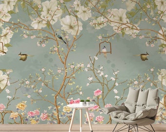 Watercolor Chinoiserie Wallpaper, Birds Trees Watercolor Floral Wallpaper, Vintage Decor Wallpaper Wall Mural, Self Adhesive Wallpaper