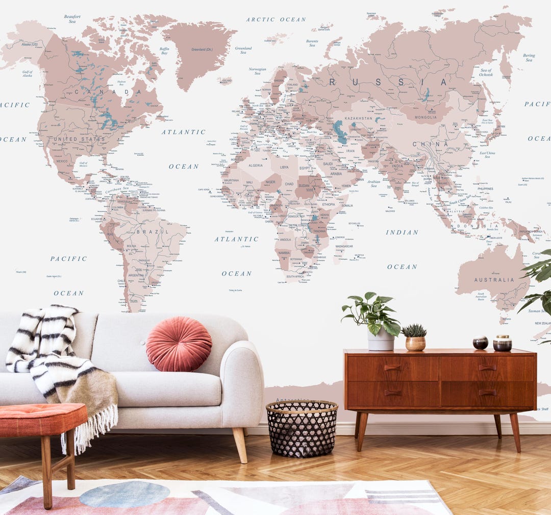 Blush Pink World Map Wallpaper | Vintage Peel and Stick Mural - Etsy