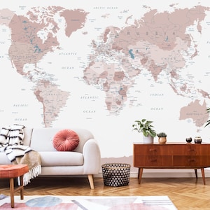 Blush rosa Weltkarte Wallpaper | Weiches Vintage Schälen und Aufkleben oder traditionelles Wandbild | Kinderzimmer oder Ruheraum-Wand-Dekor