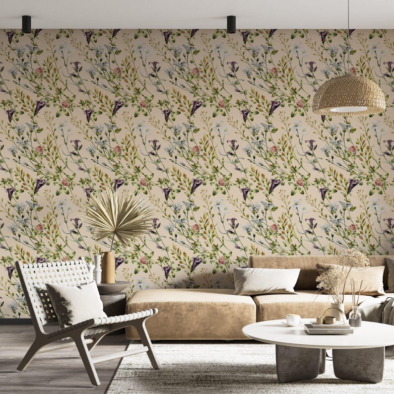 Detailed Wildflower Meadow Wallpaper Vintage Floral Botanical Peel and ...