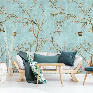 Chinoiserie Birds & Floral Wallpaper | Peel and Stick or Traditional Removable Blue Vintage Style Wall Mural for Living Room Bedroom Decor