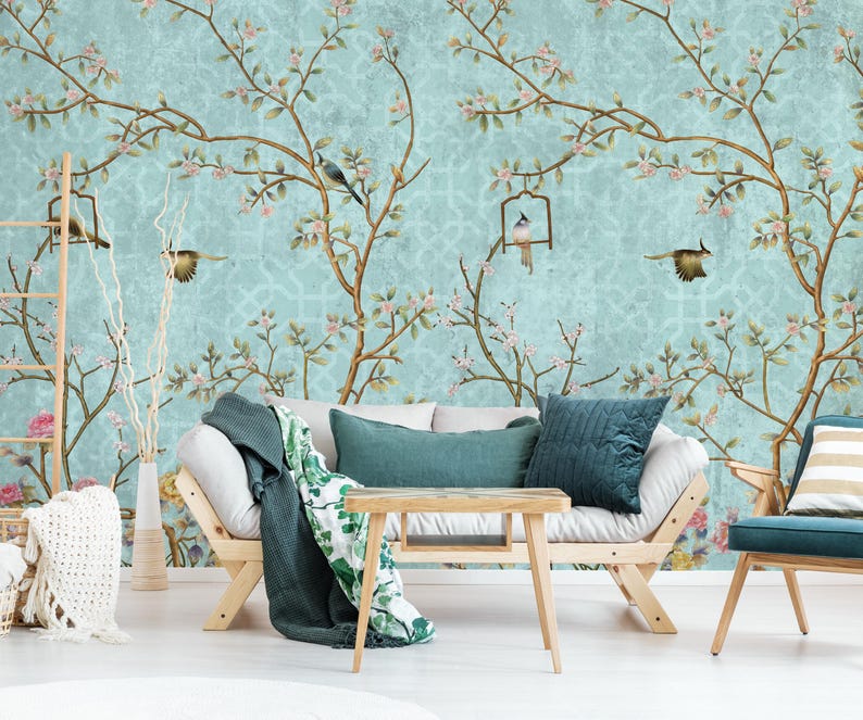 Blue Chinoiserie Birds Floral Wallpaper | Vintage Style Wall Mural - Etsy