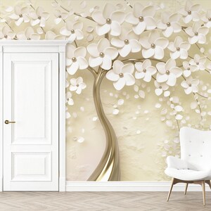 3D Look Tree Wallpaper, Gold Tree Wallpaper, 3D Floral Wallpaper Mural