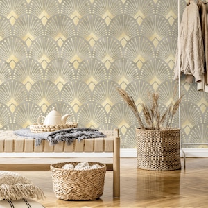 Carta da parati a ventaglio Art Déco color marrone chiaro e oro, decorazione murale geometrica retrò, da staccare e attaccare o tradizionale, murale glamour per la camera da letto
