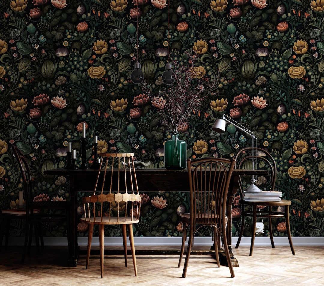 Dark Floral Wallpaper | Vintage Botanical Wall Mural | Peel and Stick ...