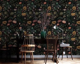 Dark Floral Wallpaper | Vintage Botanical Wall Mural | Peel and Stick