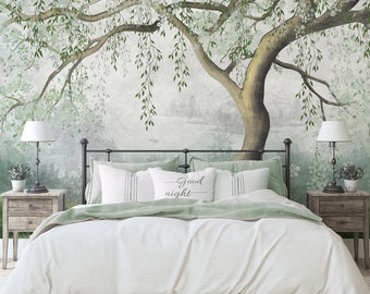 Papier peint l'arbre, feuilles vertes blanches et fleurs branches d'arbres, papier peint de chambre à coucher de saule en fleurs, papier peint autocollant