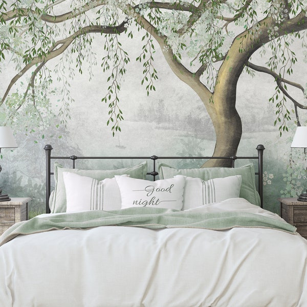 Papier peint l'arbre, feuilles vertes blanches et fleurs branches d'arbres, papier peint de chambre à coucher de saule en fleurs, papier peint autocollant