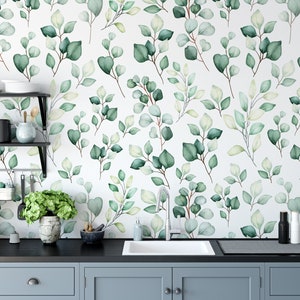 Eucalyptus Round Leaves Wallpaper, Watercolor Green Leaves Wallpaper, Peel 'n Stick Wallpaper, Self-Adhesive Wall Mural, Removable Classic