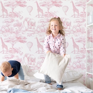 Papel pintado rosa safari toile, habitación infantil, pared decorativa autoadhesiva