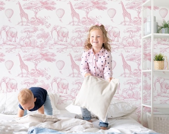 Papel pintado rosa safari toile, habitación infantil, pared decorativa autoadhesiva