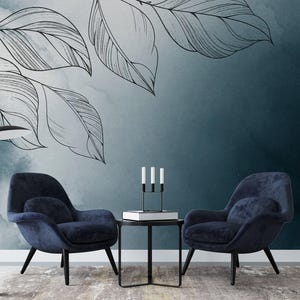 Aquarell große Blätter Minimal Tapete, Schlafzimmer Blumentapete, Aquarell dunkelblaue Tapete, Tapete zum Abziehen und Aufkleben