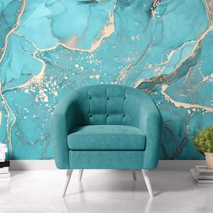 Türkisfarbene Marmor Tapete schälen und aufkleben oder traditionell | Gold Vein Wandbild für Wohnzimmer, Schlafzimmer, Büro