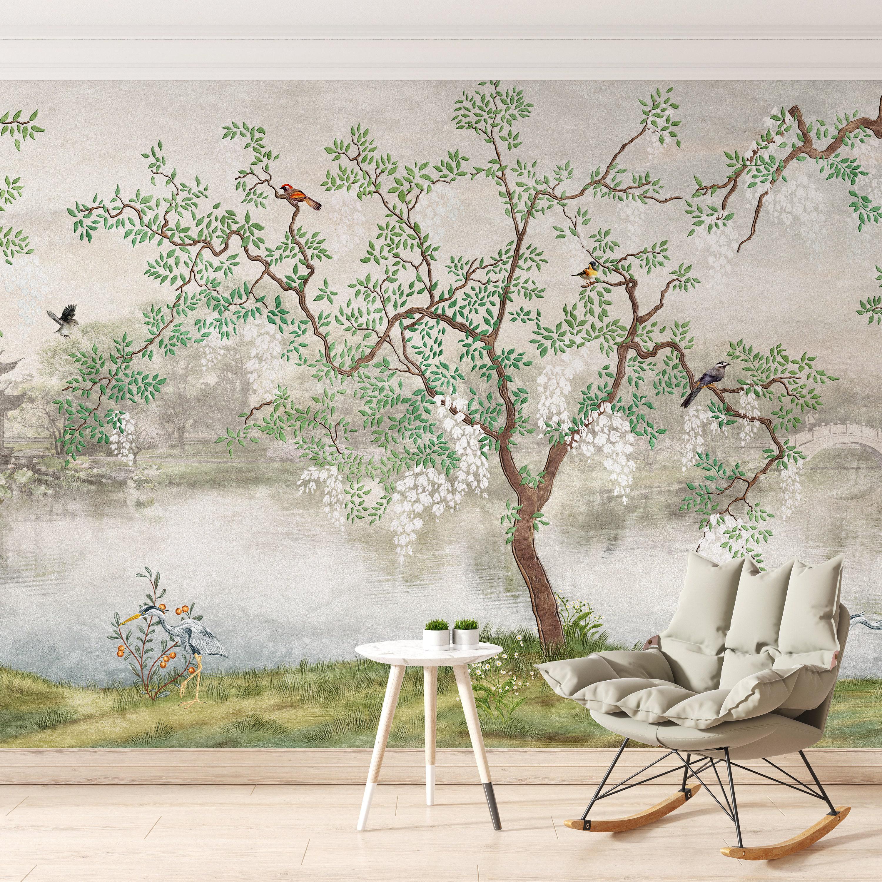 Chinoiserie Garden Wallpaper Mural – Birds, Trees, Lake (peel and Stick ...